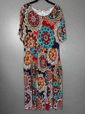 DB Moon Colorful Mandala Print Hippie Jersey Knit Dress - 2XL - Womens Plus Size